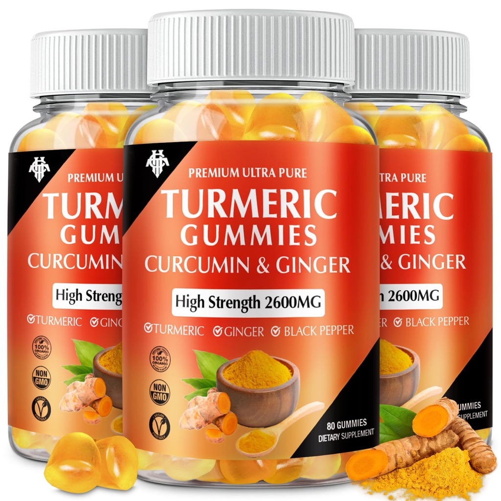 Gummies de Curcumina Turmérica (3 Pack) - Suplementos de Curcumina Turmérica com Gengibre e Pimenta Negra Gummies para Imune Muscle Support Pele saudável - Vegan, Sem glúten, Baixo açúcar - para adultos