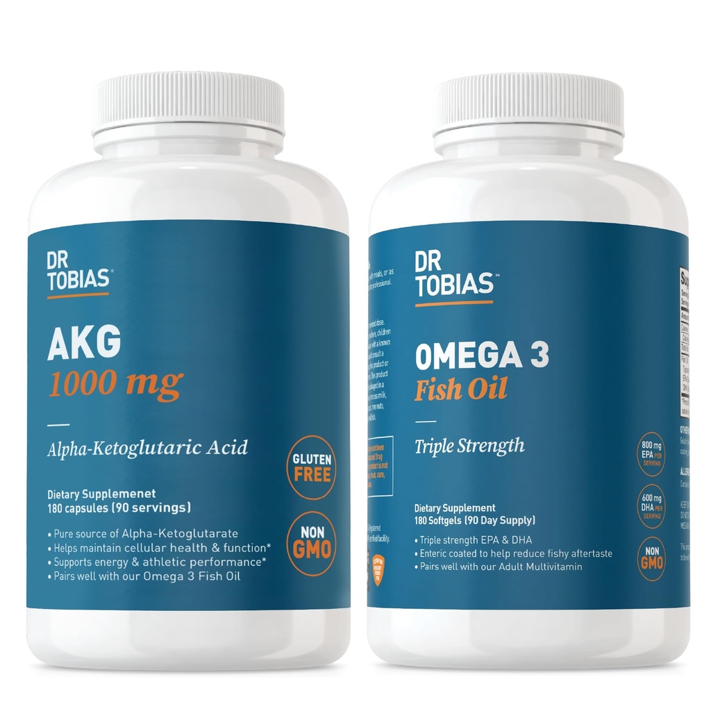 Dr. Tobias AKG suplemento & Omega 3 óleo de peixe, apoiar energia celular e saúde geral com AKG e triplo-força Omega 3 EPA & DHA, não-GMO