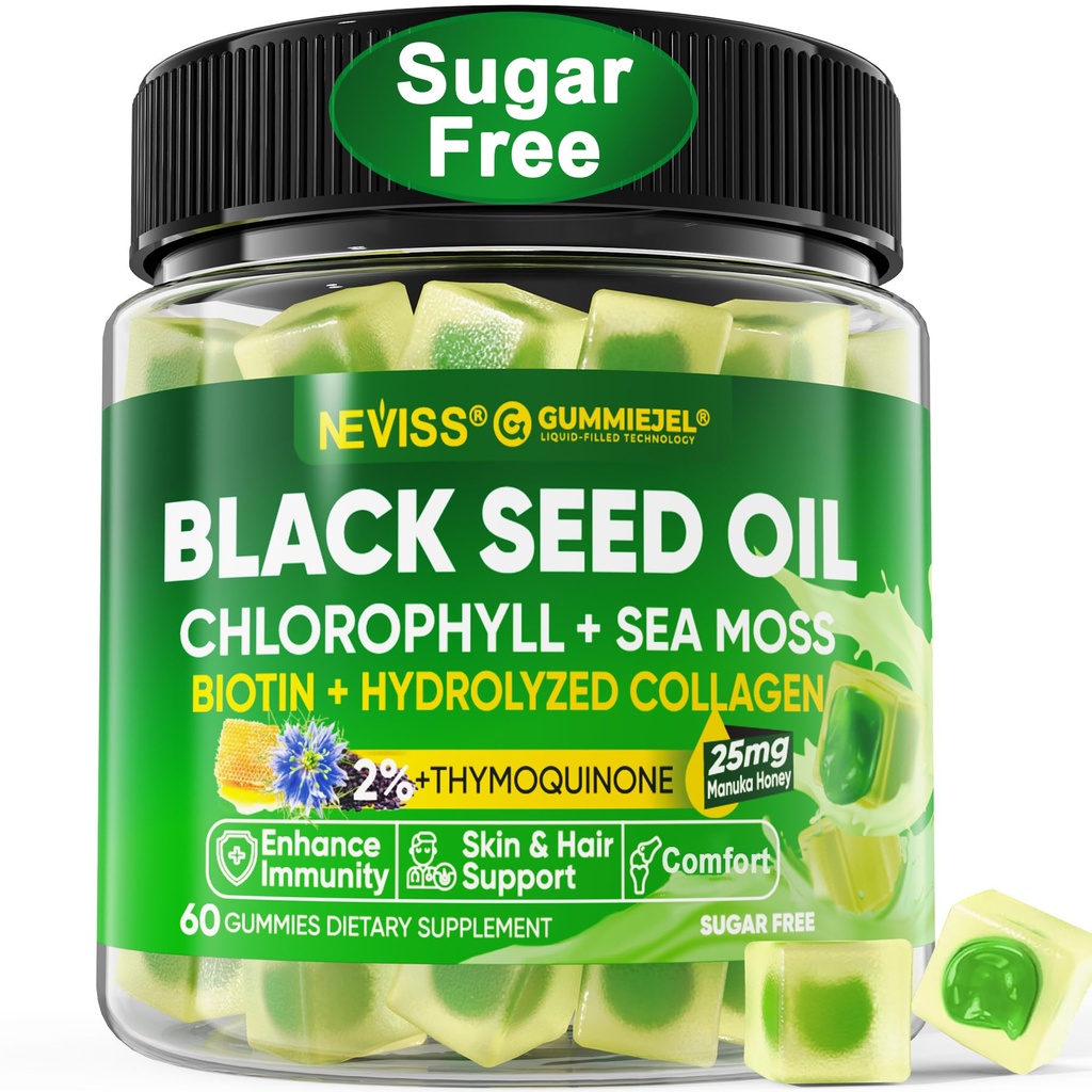 Pastilhas de óleo de semente preta, Chlorophyll & Sea Moss Suplemento 500mg, Biotina 500mcg com Colágeno Hidrolisado para a pele, Cabelo e unhas, Vit E, C, Zinco para a saúde geral, frio orgânico prensado, alta absorção