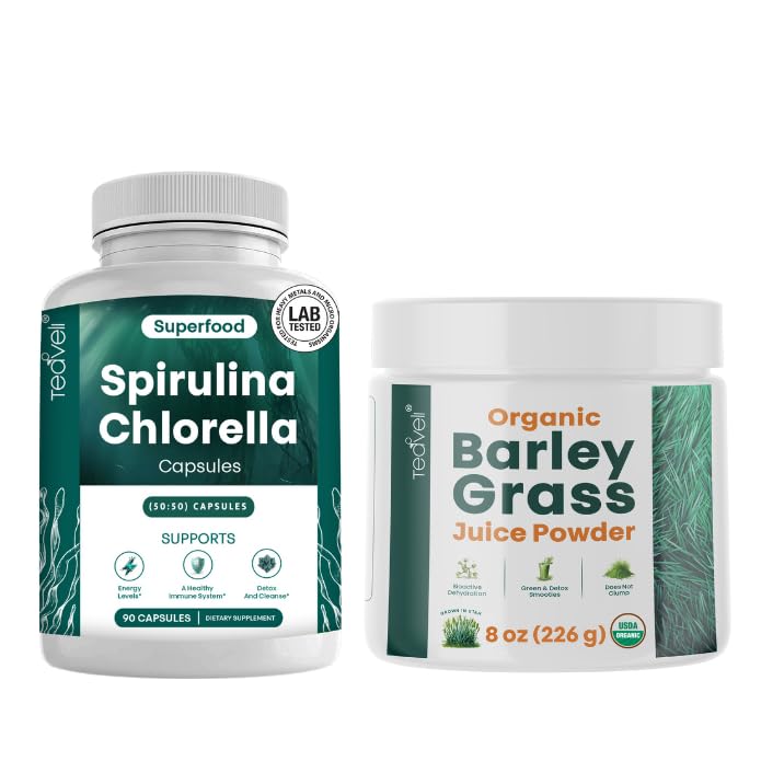 Cápsulas de espirulina e chlorela Teaveli e Cevada Orgaic Juice