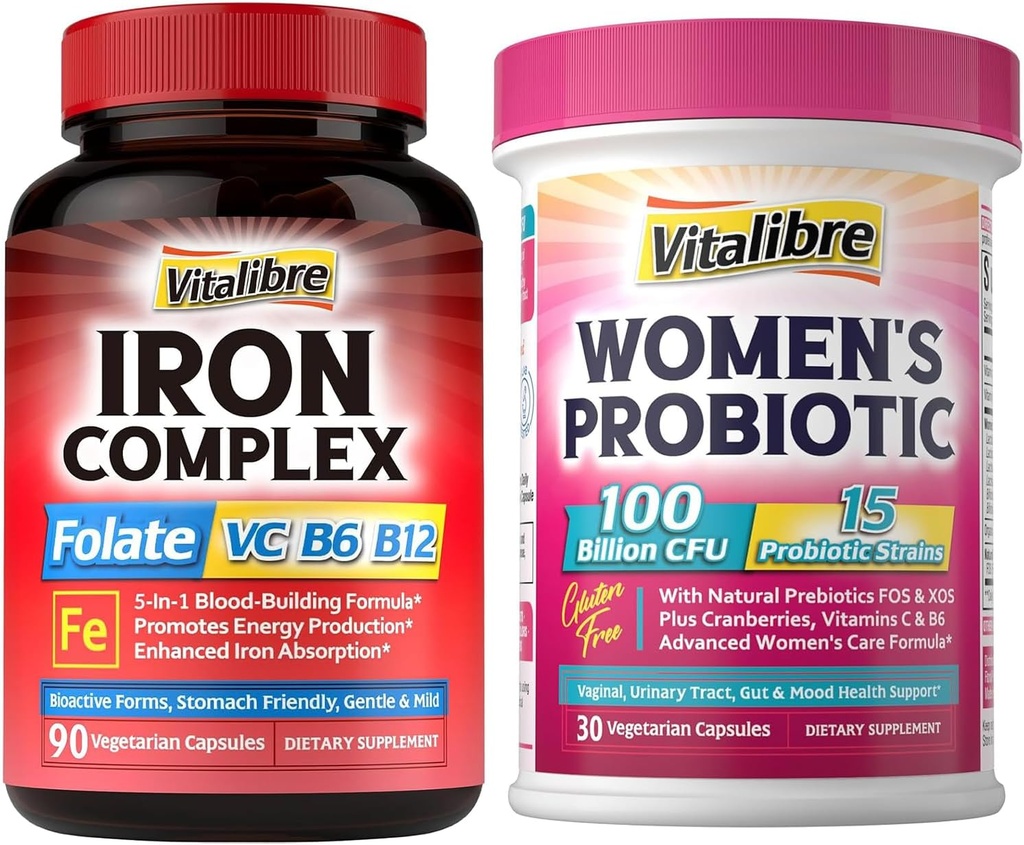 Suplemento de ferro para mulheres e homens 90Caps & Vitalibre Probióticos para mulheres 100 bilhões UFC 15 Strains
