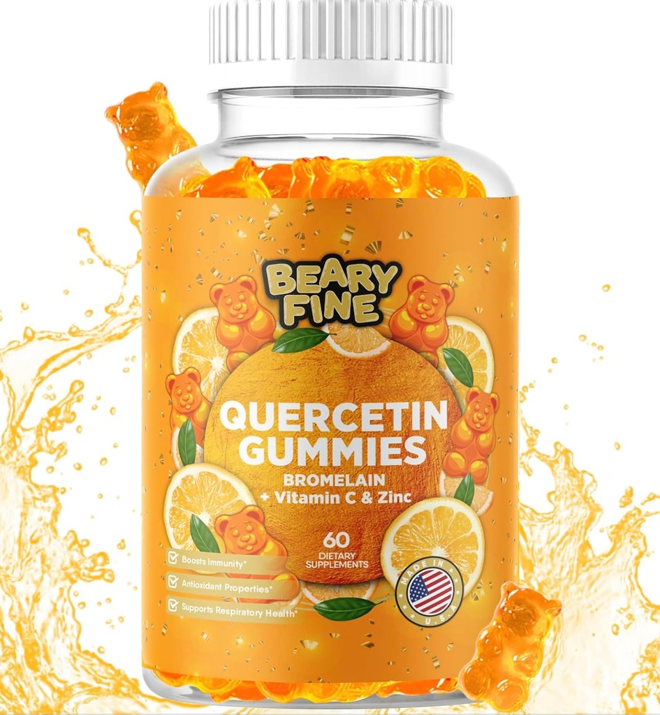 Quercetin com gomas de bromelaína - Vitamina C + Zinco e Vitamina D3 – Força extra Imune Support Booster - 60 gomas de quercetina - Made in the USA