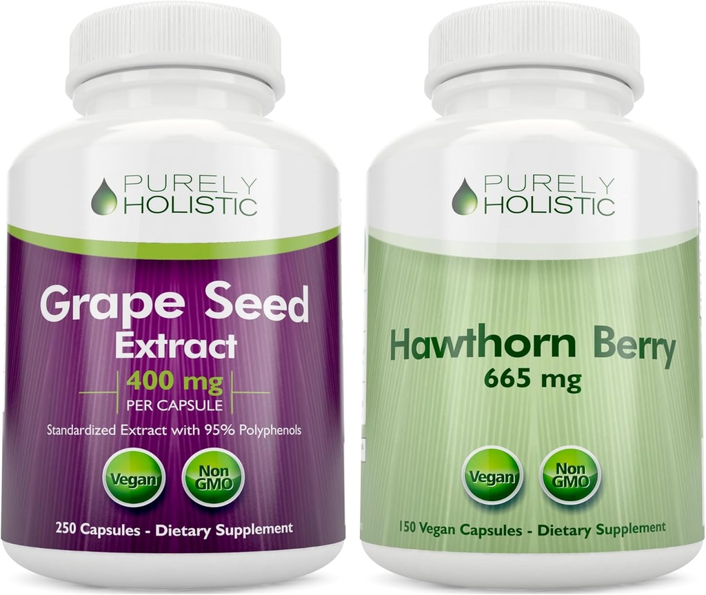 Puramente Holistic Grape Seed Extract 400mg + Hawthorn Berry 665mg Bundle - 400 Cápsulas Vegan - Made in USA