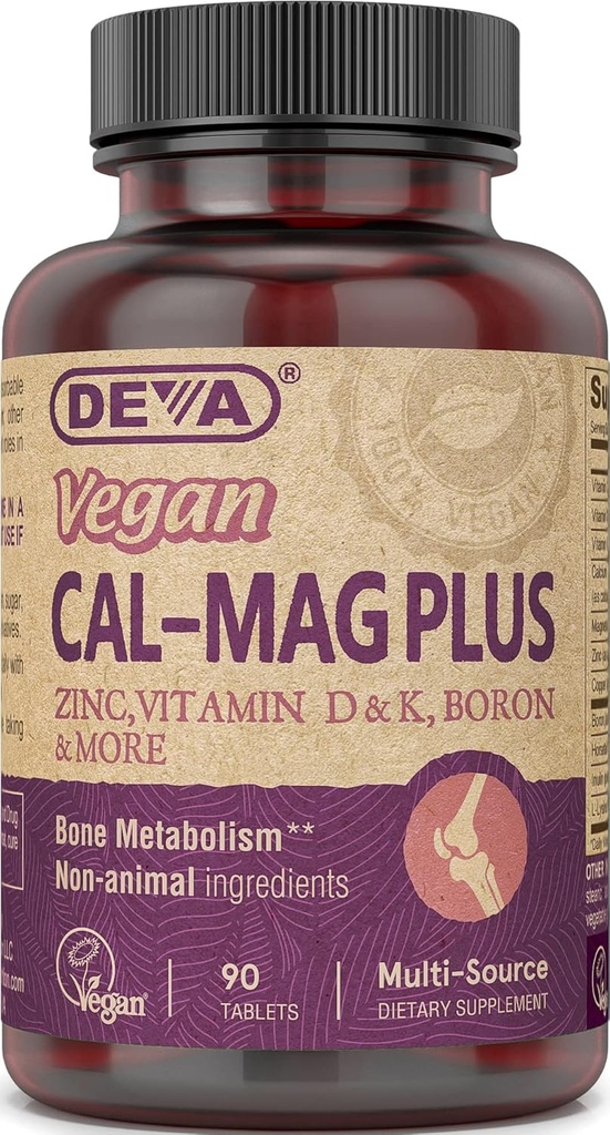 DEVA Vegan Cal MAG Plus Suplemento com cálcio, magnésio, zinco, boro, vitamina C, D & K, 90 comprimidos, 12 pacotes