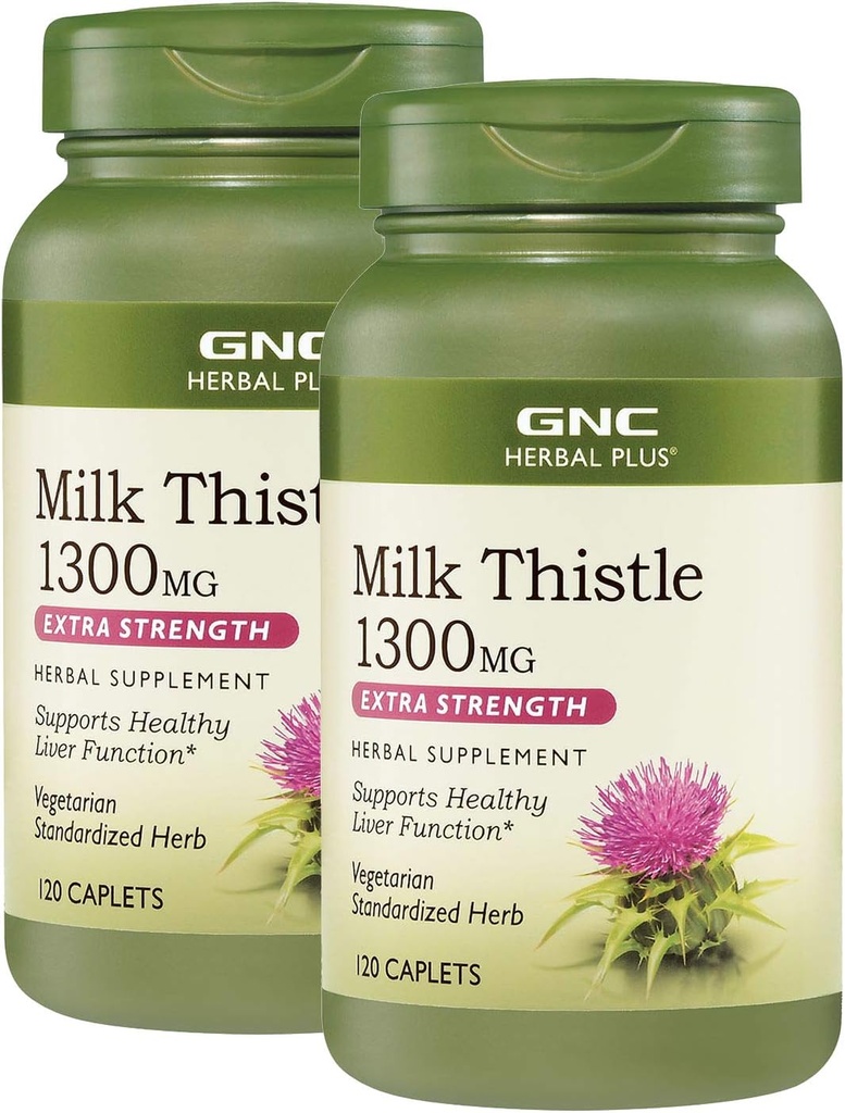 GNC Herbal Plus Milk Thistle 1300mg, Twin Pack, 120 Caplets por garrafa, Suporta função hepática saudável