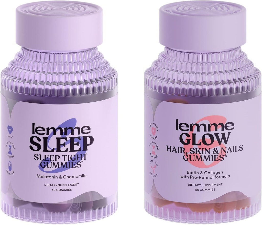 Lemme Sleep & Glow Bundle - Pastilhas de dormir, uma droga livre de ajuda noturna & Glow Biotin & gomas de cabelo de colagénio para cabelos fortes, grossos e descamação reduzida - glúten / gelatina livre, não-GMO - 60 Ct. Cada um