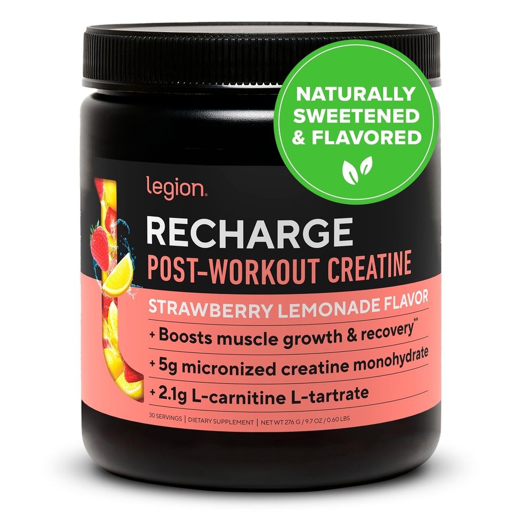LEGION Recarga Pós Treino Drinque - Creatina Micronizada Monohidrato Natural Pós Treino Recuperação Drinque - Muscle Builder & Recovery Booster Pós Treino Suplementos (Strawberry Limonada, 30 Servings)