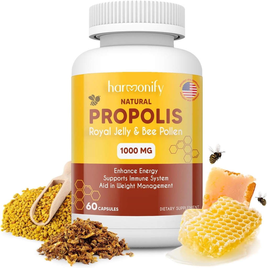 Bee Pollen Propolis Royal Jelly Extract com alfarroba, Pure Imune Support Supplement, Gluten-Free, Vegetarian Capsules, 1000 mg