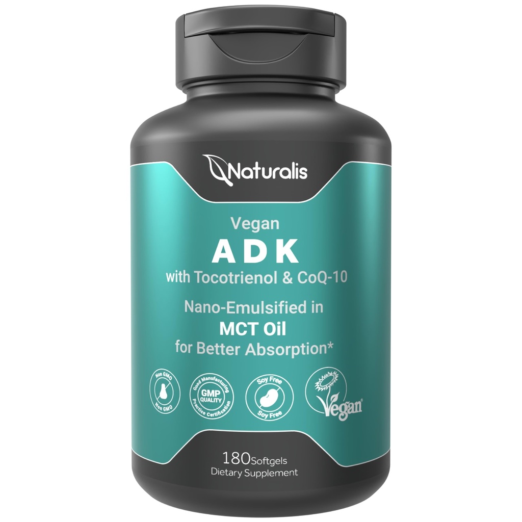 Naturalis Vegan Vitamina ADK com 50mg Tocotrienol e CoQ-10 □ Nano-Emulsionado em EVOO para melhor absoprção □ Não-GMO, Soja Livre e Vegan Sociedade Certified □ 180 Veggie Softgels (Carragenina Livre)