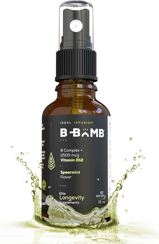 B-Bomb Vitamina B12 + B Spray Líquido Complexo: Metilcobalamina com Adenosilcobalamina: Energia e suporte de humor, Livre de açúcar, Vegan, Flavor Orgânico Spearmint