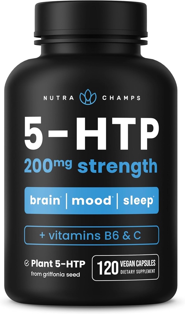NutraChamps 5-HTP 200mg, 120 Cápsulas Vegan, Pure 5HTP 100mg Plus Co-Factors Vitamina B6 & Vitamina C