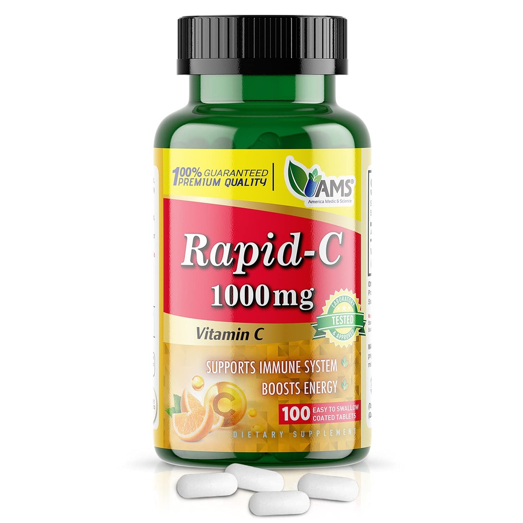 América Medic & Science Rapid-C 1000mg Suplemento de vitamina C (1 pacote de 100 comprimidos) Fortalecedor de energia, Suporte diário do sistema imunológico, Antioxidante Vegan, Ácido Ascórbico Não-GMO revestido para homens adultos e mulheres