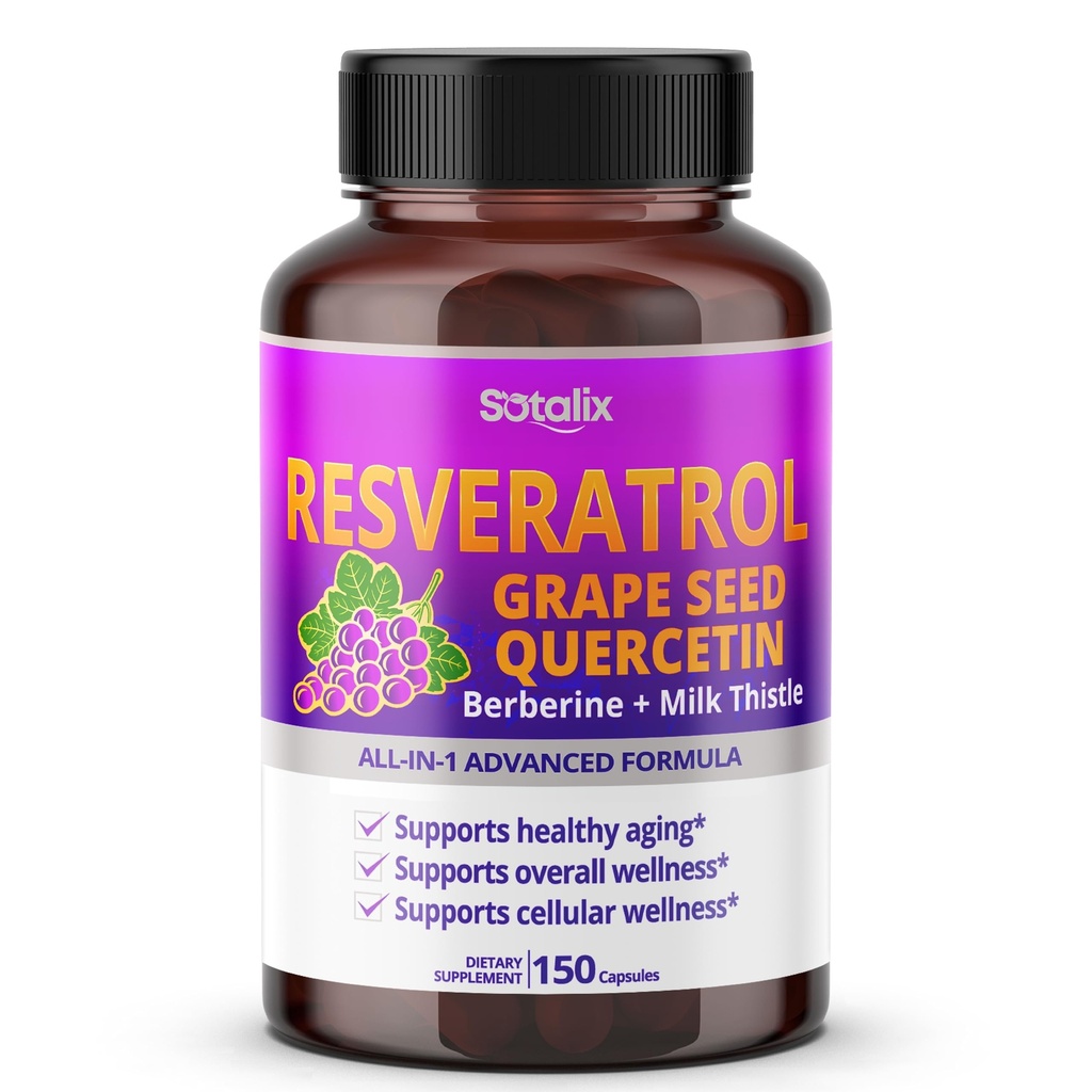 Resveratrol com semente de uva + Berberina Quercetin + Cardo de leite poderoso anti-envelhecimento - EUA Made & Tested (150 dias de fornecimento (Pacote de 1))