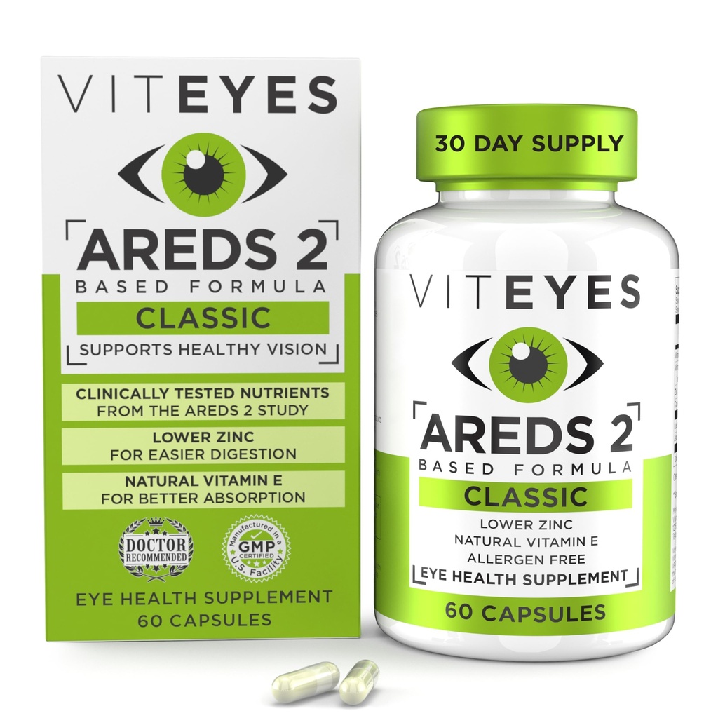 Viteyes AREDS 2 Vitaminas Oculares, Suporte Macular Clássico, Cápsulas Livre de Alergénio, com Vitamina E Natural, Vitamina C, Zinco, Cobre, Lutein & Zeaxanthin, Oftalmologista confiável, Fabricado nos EUA, 60 Ct