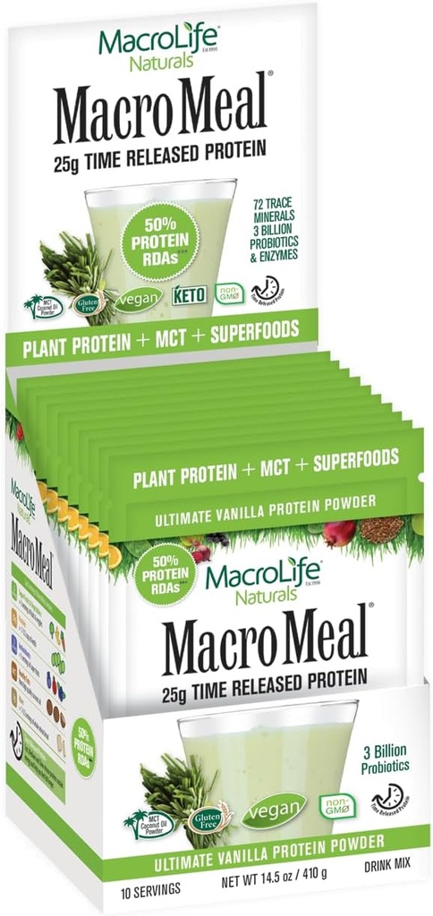 MacroLife Naturals MacroMeal Vegan Vanilla Superalimentar Suplemento em pó Proteína + Verdes, Probióticos, Enzimas Digestivas, Fibra - Energia, Detox, Imune - Não-GMO, Gluten-Free- 10 Packet Servings