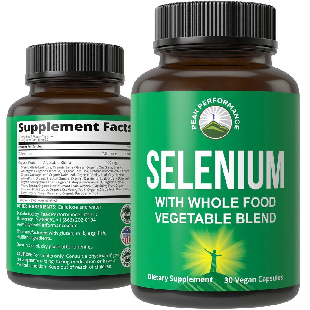 Suplemento de selênio com mistura de alimentos inteiros de 25+ Vegetais e frutas para Absorção Max. Pure Selenium Vegan Cápsulas para Sistema Imune, Suporte da tireóide, Saúde do coração, Suporte da próstata. 30 comprimidos