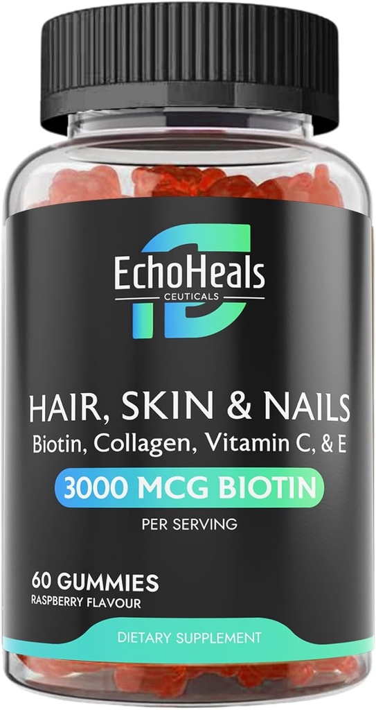 Cabelo, pele e unhas Gummies - Biotina Colágeno vitamina C & E Suplemento - 3000mcg Biotina - Framboesa saborosa - 60 chicletes