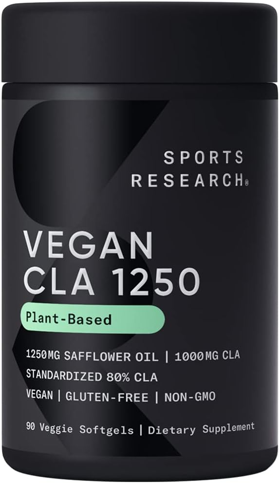Pesquisa Esportes Vegan CLA - 1250mg com Ácido Linoleico Conjugado Ativo para Homens e Mulheres □ Não-GMO, Soy & Gluten Free - 80% (90 Softgels)