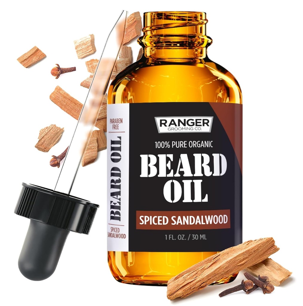 Leven Rose Spiced Sandalwood Beard Oil & Leave In Conditioner by Ranger Grooming Co, 100% Puro Natural Orgânico para Barbas, Bigodes e pele hidratada 1 oz
