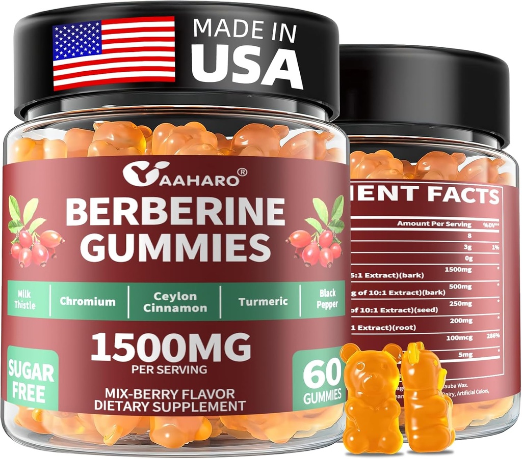 Berberine com goma de canela de Ceilão - 1500mg Berberine HCI Suplemento com crómio, cardo turco e leite - Suporte imunológico - para mulheres e homens - 60 chicletes sem açúcar