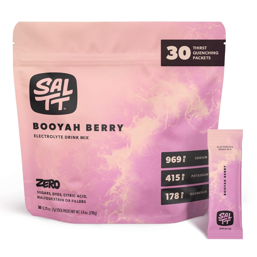 Eletrólitos de SALTT Mistura de bebida em pó com sabor - Booyah Berry - 30 Pacotes de Hidratação - Magnésio, Potássio, Sódio, Minerais Trace - Zero Açúcar & Glúten Grátis - Essenciais de viagem