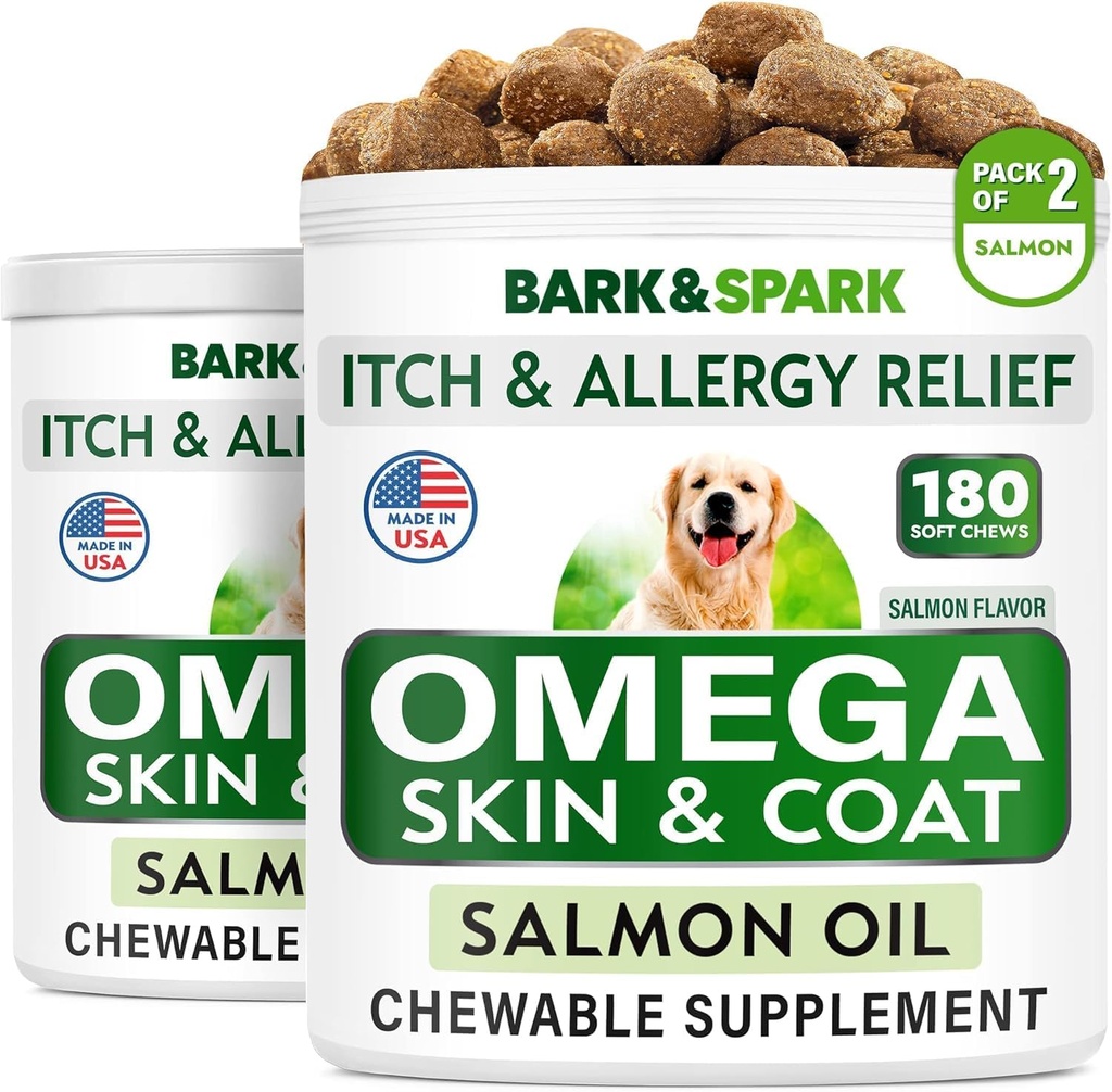 BARK & SPARK Omega 3 para cães - 360 Fish Oil Treats para Dog Shedding, Alergia da pele, Itch Relief, Hot Spots Tratamento - Saúde comum - Pele e casaco Suplemento - EPA & DHA ácidos gordos - óleo de salmão