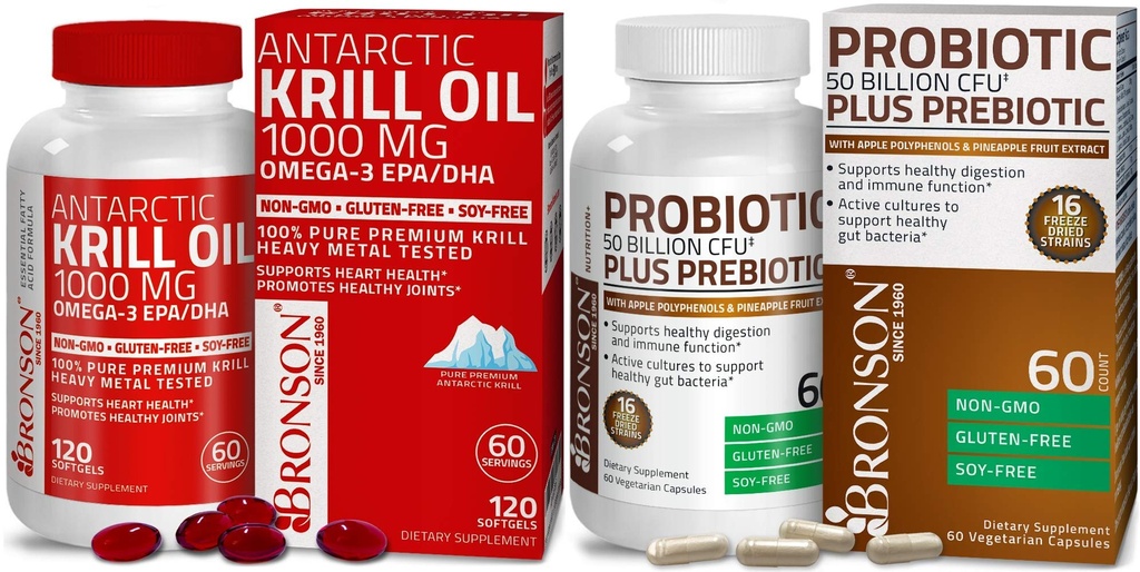 Bronson Probiótico 50 bilhões de UFC + Prebiótico com Apple Polifenóis & Abacaxi Extrac Óleo de Krill Antártico 1000 mg com Omega-3s EPA DHA