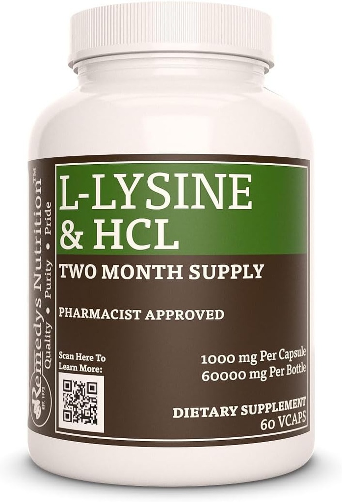 Nutrição de Remedy L-Lysine HCL □ 1.000 mg, 60 Vegan Cápsula Amino Ácido Suplemento Dietário