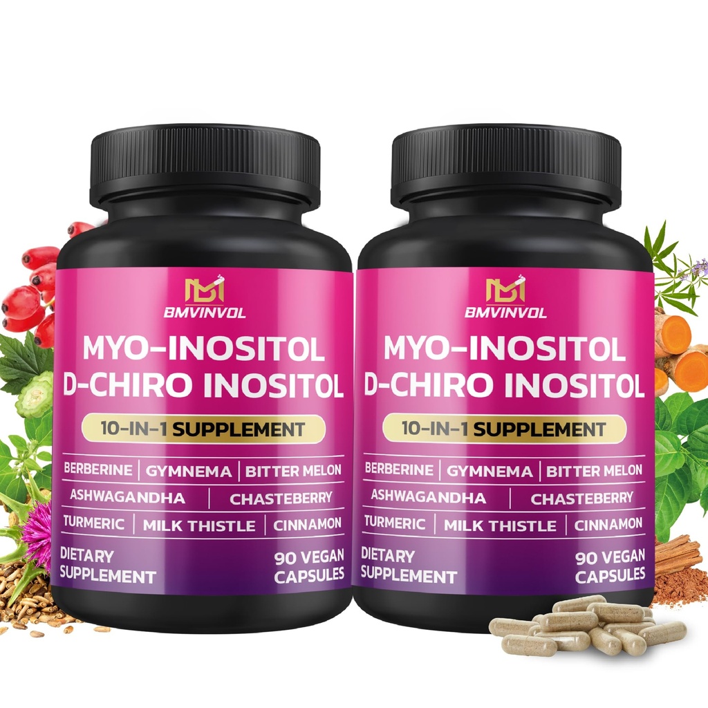 BMVINVOL 2 embalagem Inositol Suplemento-Myo-Inositol e D-Chiro Inositol Razão ideal de 40:1 - mais berberina, canela, Ashwagandha + 5 Mais-60 dia de fornecimento