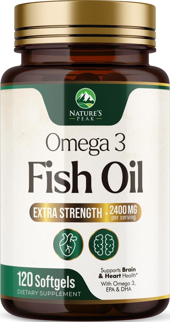 Omega 3 Fish Oil 2400 mg Suplemento, Sustentável Fonte, Triplo Força Omega-3 Suplemento Softgels, Apoio à Saúde do Cérebro, EPA & DHA Peixe Óleo Gordura Ácidos Suplementos, Gluten & GMO Livre, 120 Softgels