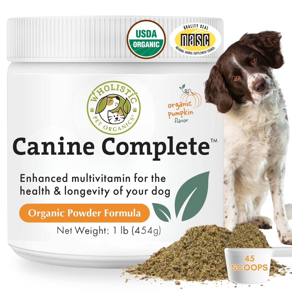 Wholistic Animais Orgânicos Canino Completo - Dog Multivitamin Powder - 1 Lb - Vitaminas e Suplementos diários do cão para alimentos caseiros - Sistema imunológico, pele, casaco e saúde geral - Pequena e grande raça