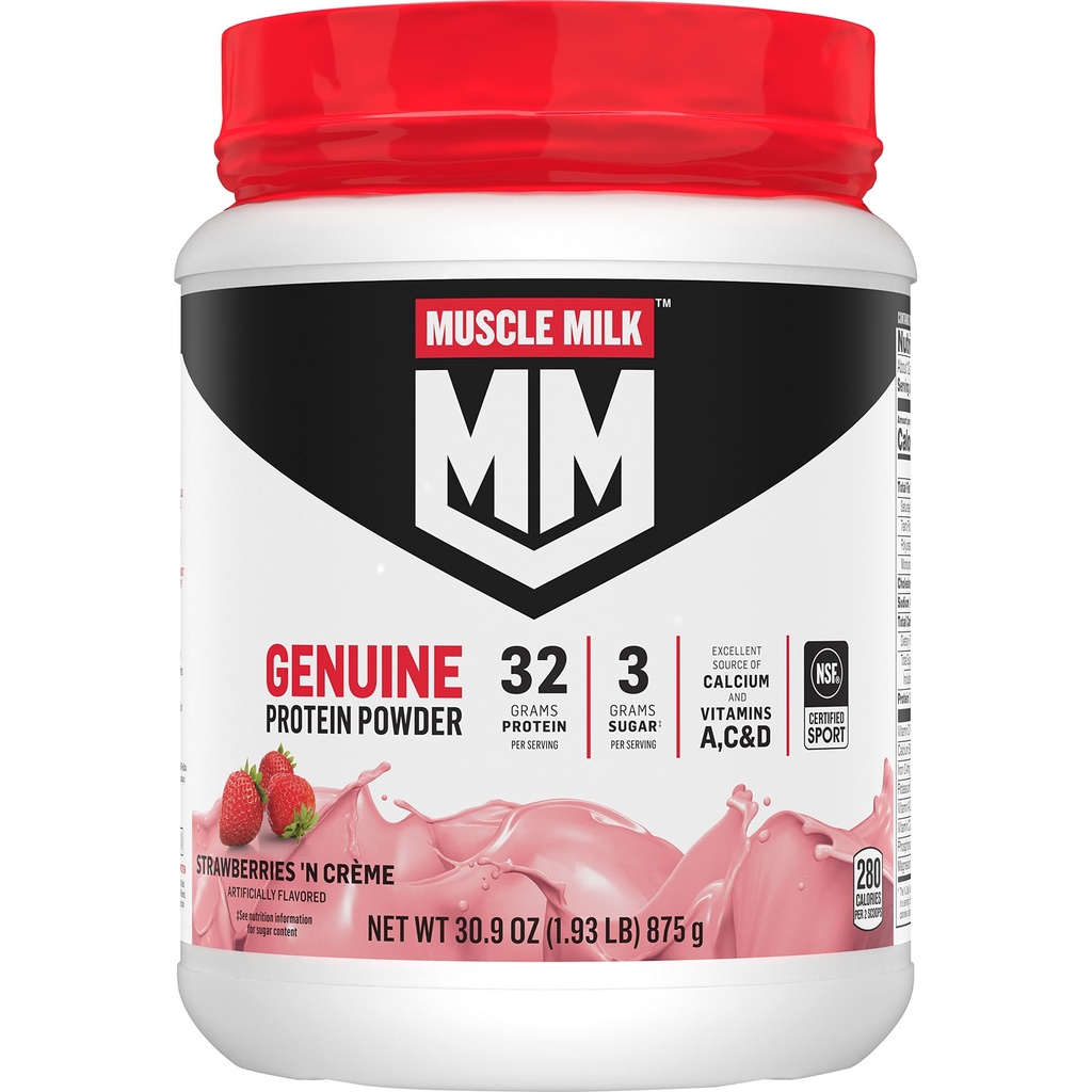 Leite Muscle Genuine Protein Powder, Morangos ‘N Crème, 1,93 Libras, 13 Servings, 32g Protein, 3g Açúcar, Cálcio, Vitaminas A, C & D, NSF Certified for Sport, Energizing Snack, Packaging May Vary