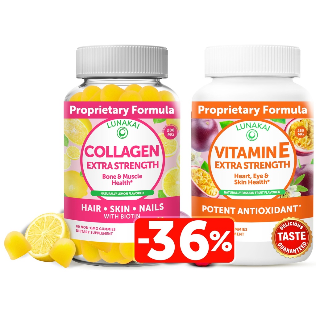 Pacote de gomas de colagénio e vitamina E Lunakai - suplementos antienvelhecimento não-GMO para homens e mulheres - goma natural com vitamina C e 250 mg Natural VIT E