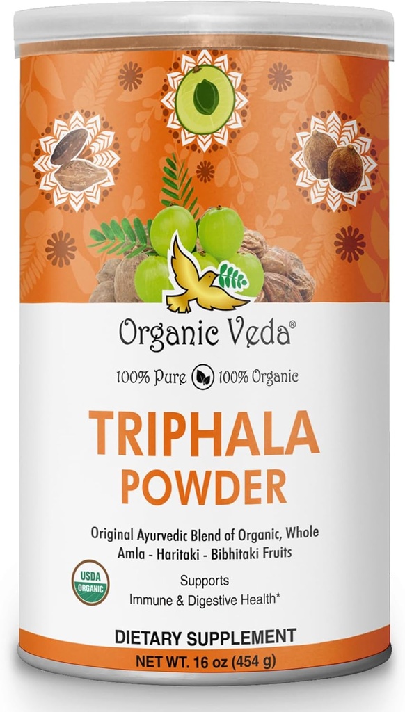 Pó orgânico Veda Triphala com Amla, Haritaki, Frutas Bibhitaki - 100% Natural Triphala em pó Ayurvedic - Melhora o suporte imunológico, Digestão, Limpeza de cólon, Saúde da pele - Vegan, Não-GMO - 16 onças