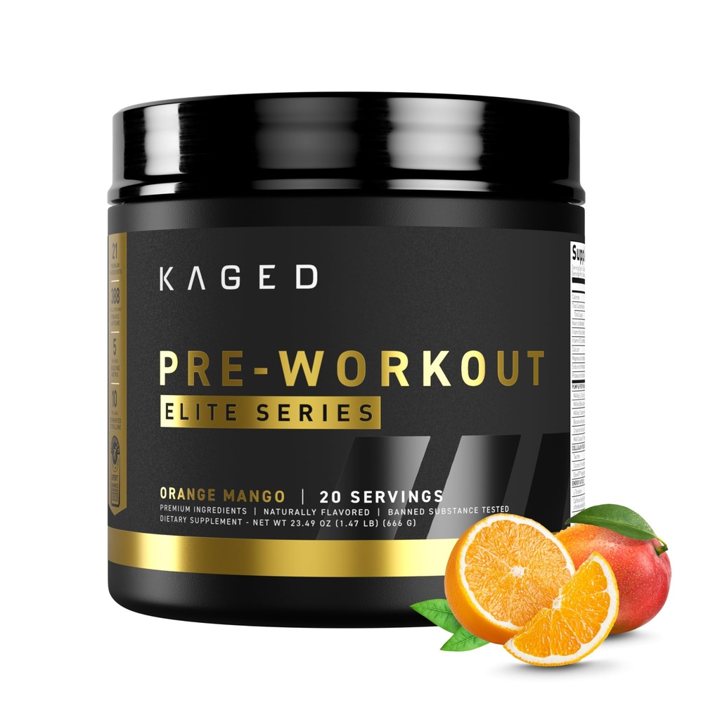 Pré-treino Kaged pó pré-treino Elite para homens e mulheres, alto estimulante para energia, foco, bombas, L-citrulina, Beta Alanine, Creatina e 388mg de cafeína orgânica, manga laranja