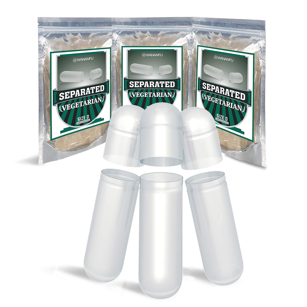 wananfu Cápsulas vazias pré-separadas 0 Vegetariana (1000 Count), Cápsulas de comprimidos vegetais recarregáveis claras Tamanho 0 para fazer seus próprios suplementos