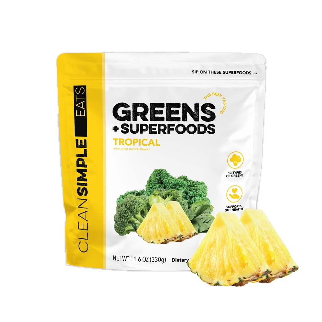 Limpo simples come Super Greens Pó, naturalmente sabor verde pó com chlorela, espirulina, superalimentos e fibra prebiótica, sem ingredientes artificiais, sem glúten, sabor verde tropical, 30 Srvg