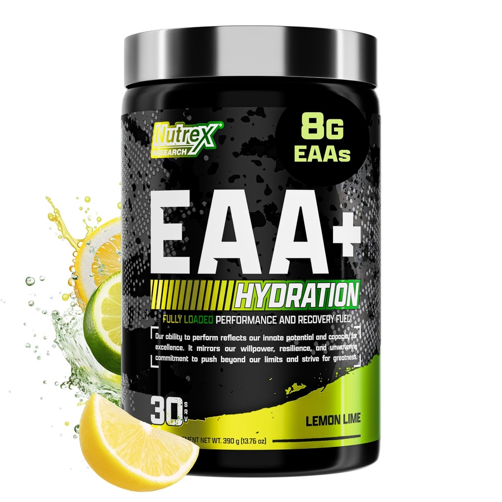 Nutrex Research Hidratação EAA + BCAA Powder recuperação muscular, força, muscle building, resistência 8G Aminoácidos Essenciais + Eletrólitos 30 Servings (Lemon Lime)