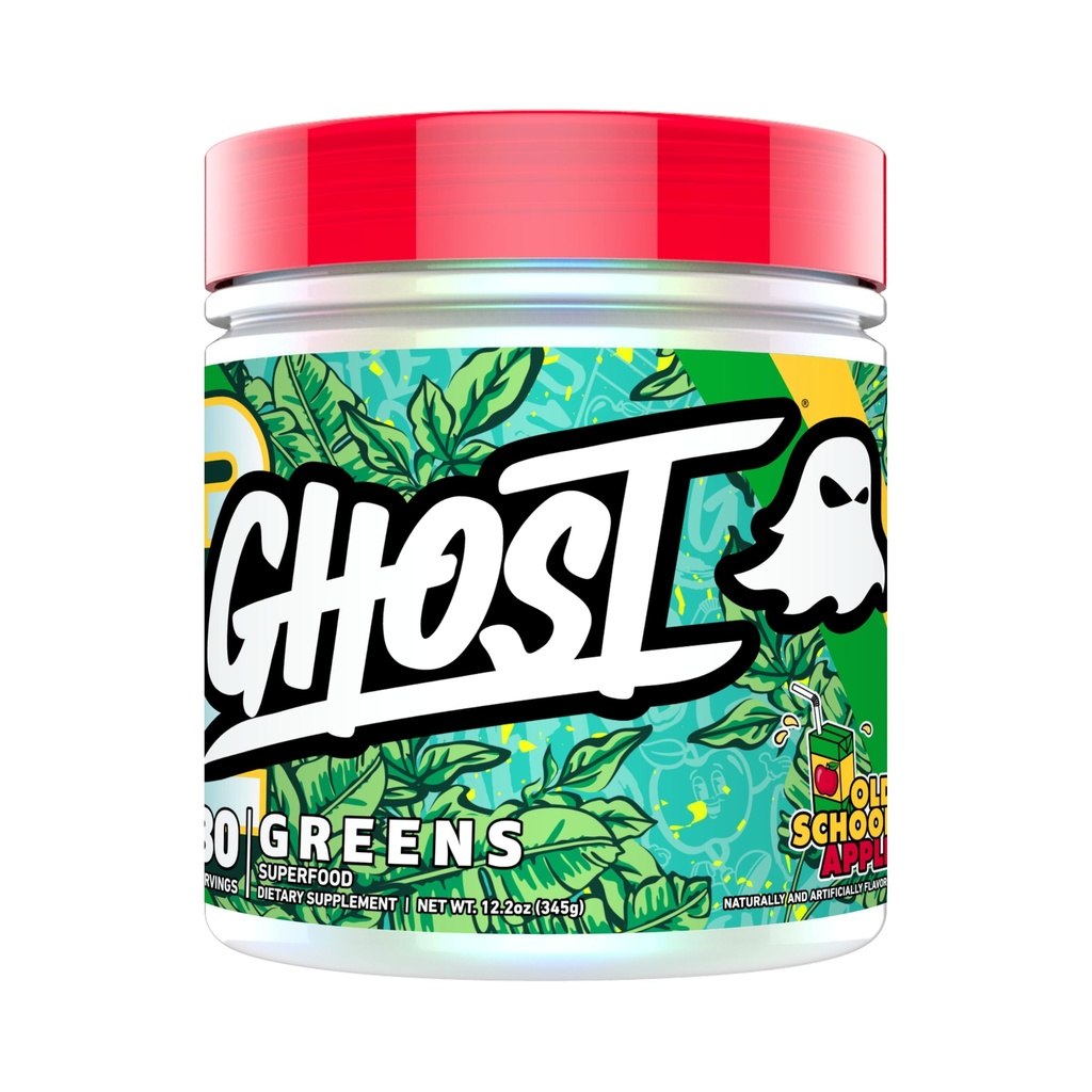 GHOST Greens Superfood Powder, Old School Apple - 30 Servings - 19 Super Greens & Reds, Frutas, Legumes, Spirulina, & chlorela, Prebióticos, 10 bilhões de CFU Probiótico & Digestive Enzymes - Soy-Free