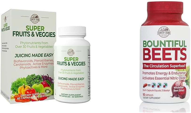 FARMAS DE PAÍS Super frutas Veggies Antioxidante Imune Energy Digestive Cápsulas + Bountiful Beets Nitric Oxide Circulation Imune Cápsulas Bundle, 30 + 90 Servings