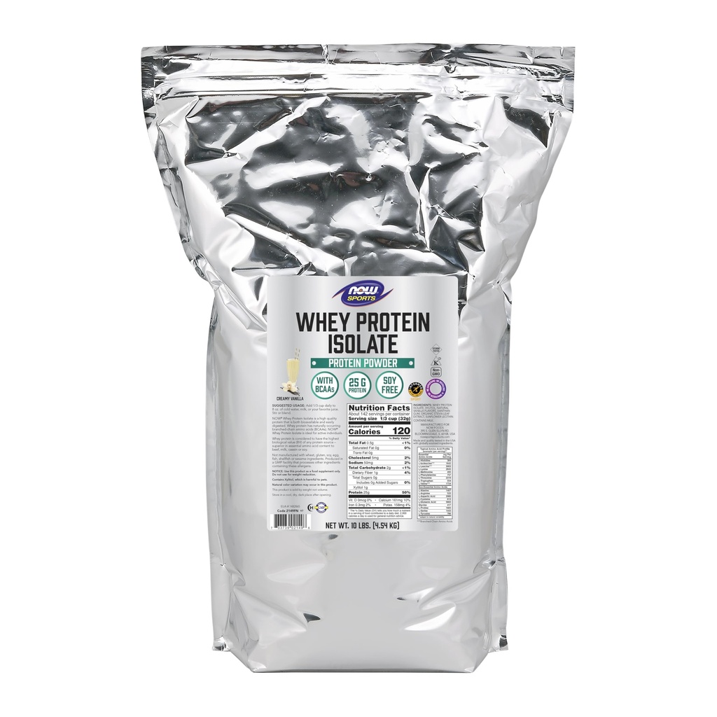 Now Foods Sports Nutrition, Whey Protein Isolate, 25 g Com BCAAs, Creamy Vanilla Powder, 10 libras