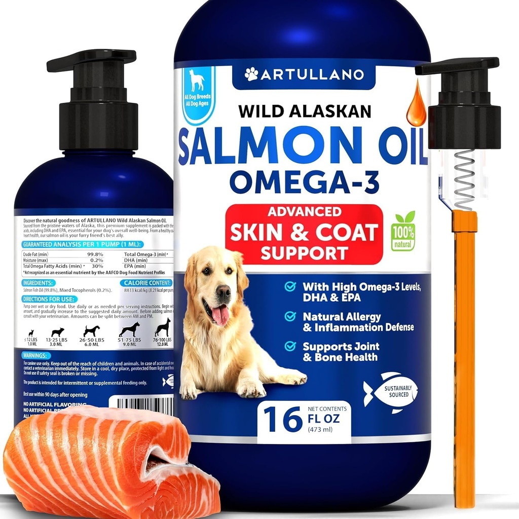 Óleo de salmão para cães - Omega 3 para cães - 16 FL OZ Wild Alaskan Salmon Fish Oil - Natural EPA & DHA Fatty Acids para pele e casaco, alergia, joint & saúde óssea - Suplemento de suporte líquido para derramamento