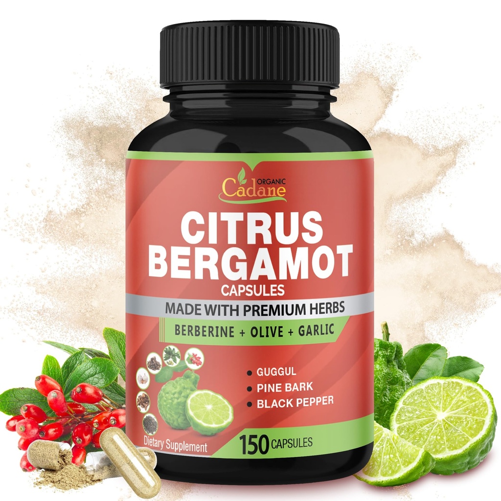 Cadane Citrus Bergamot Suplemento Cápsulas com Berberine, Olive, Guggul, Alho, Pine Bark, Black Pepper - 150 Caps para 5 Meses Fornecimento