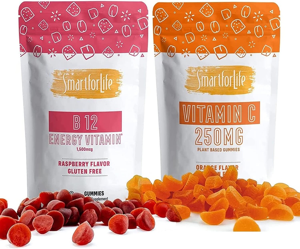 Smart for Life Vitamina C e Vitamina B12 Vitamina B12 1500 mcg Suplemento de goma vitamínica Aumentar o metabolismo e a energia Aumentar o sistema imunológico Vitamina C 60 chicletes Vitamina B12 Suplemento 60 chicletes