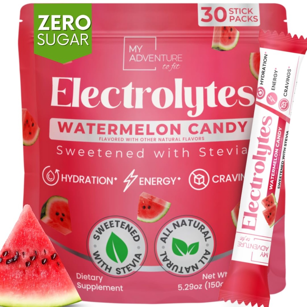 Zero açúcar melancia doce eletrólitos em pó pacotes (30 Pack) - Todos os ingredientes naturais, Cafeína energia gratuita para hidratação refrescante - Vegan, Keto, Paleo açúcar eletrólitos livres de pó sem açúcar