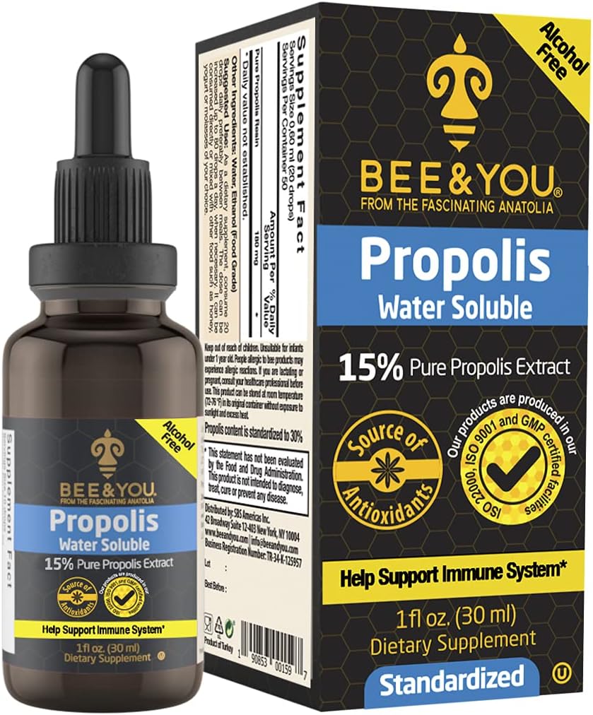 BEE e você 15% Puro Extrato Solúvel de Água Própolis - Alta Potência - Zero Açúcar - Zero Caloria - Natural Imune Support & Sore Throat Relief Antioxidants, Keto, Paleo, Gluten-Free, 1 Fl Oz