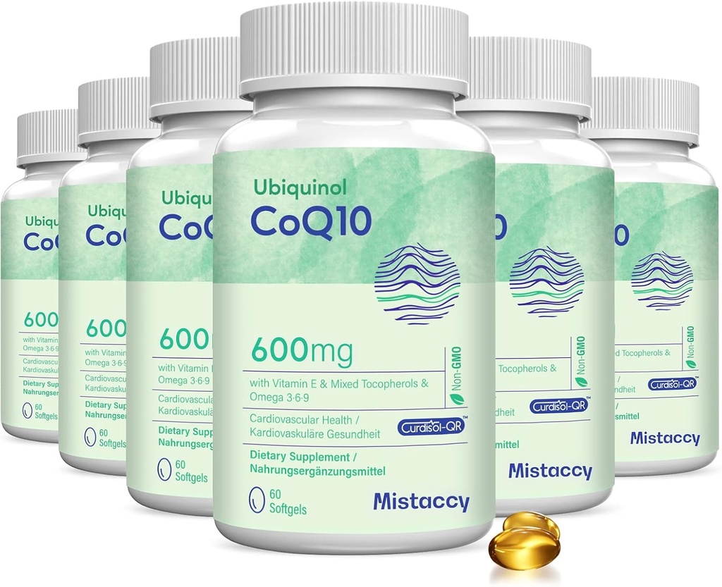 CoQ10 600mg Softgels (Alta Absorção) CoQ10 Ubiquinol Supplement (Formulário Reduzido) Melhorado com Vitamina E & Ómega 3 6 9 .