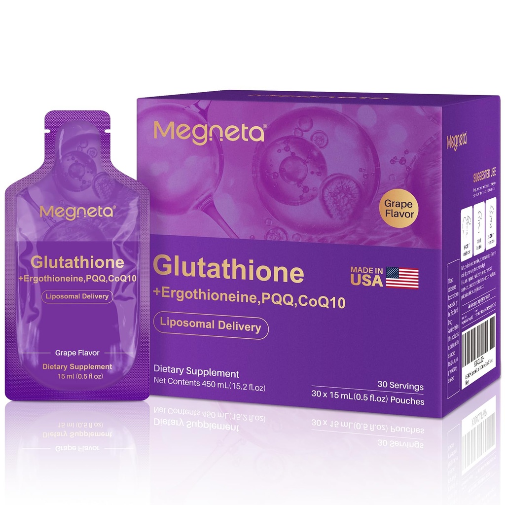 Suplemento de Glutationa lipossómica – 500mg Glutationa com PQQ, CoQ10 e Vitamina C – Antioxidante de alta absorção para Imune & Energy Support – Sabor de uva, 30 Pouch