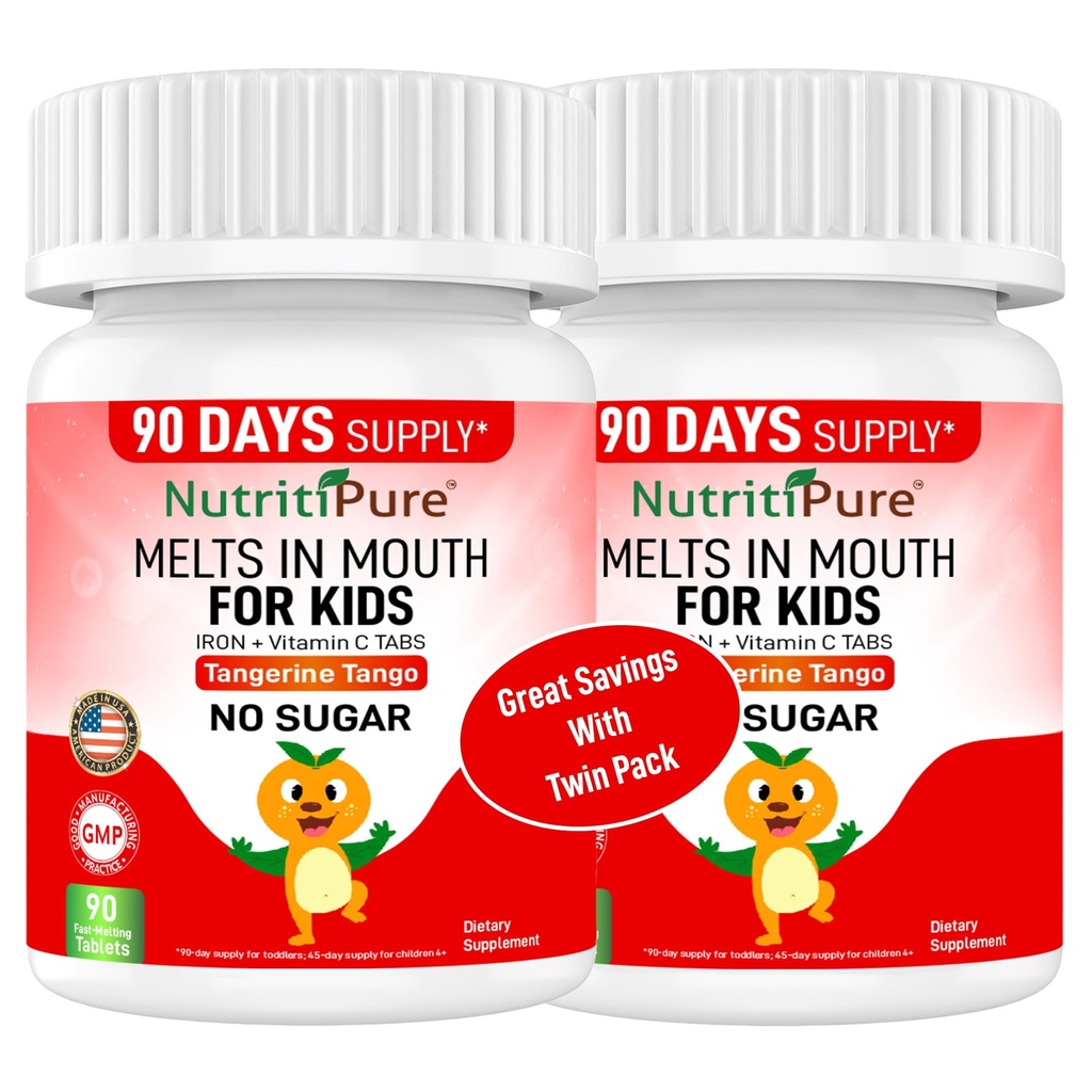 Suplementos de ferro mastigáveis para crianças (Ferronil® / Ferro carbonilo 9 mg com vitamina C 30 mg) Comprimido em Tangerina Tangerina Tango sabor laranja Suplemento para crianças 90 Conde (2 garrafas)