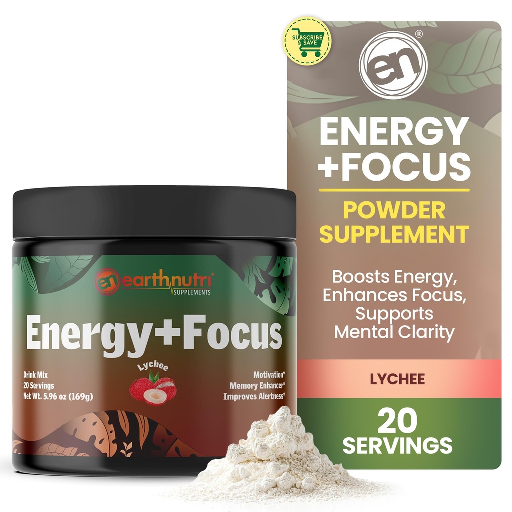 TerraNutri Energia + Focus Powder Supplement - Energy Boost & Helps Concentration with PeakO2, AlphaSize, Cognizin, PurCaf, Theacrine, Acetyl L-Carnitine L-Tyrosine – Lychee Flavor - 20 Servings (171g)